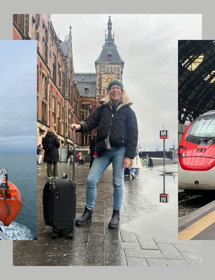 Collage of photos against a grey background that include a view from a boat on a cloudy day, a shot of a white woman dressed for winter posing with a roller travel bag and a shot of a train inside in a train station.