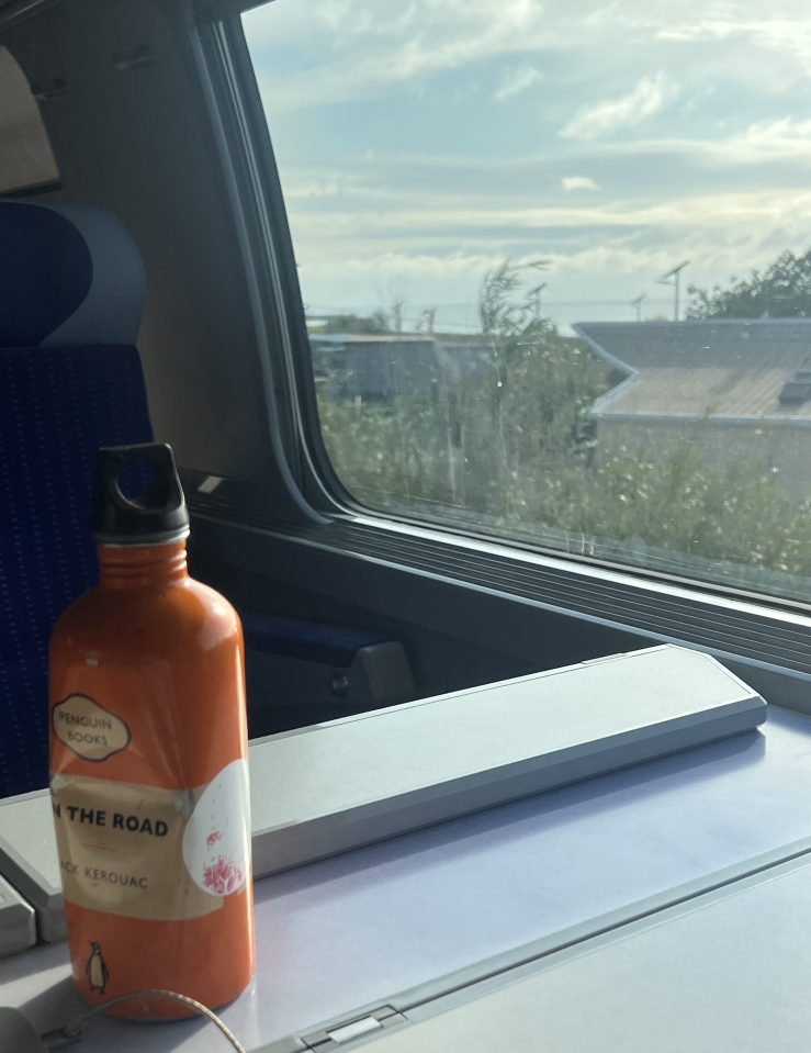 Orange water bottle sits on a train tray while houses are seen in the window looking out