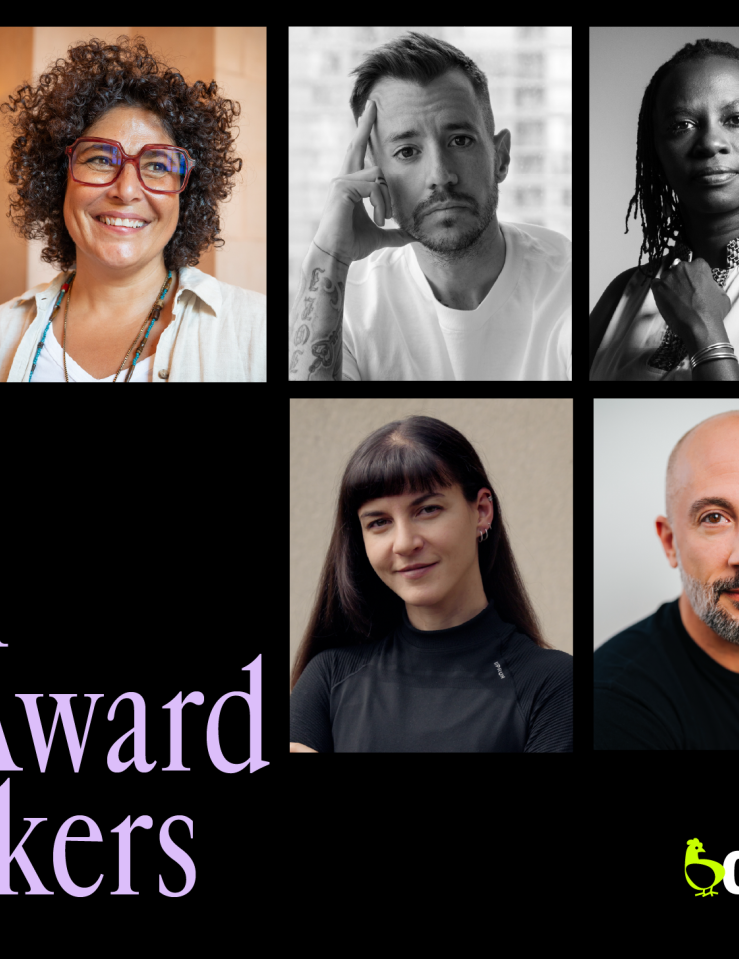 Six headshots of men and women (some in color, some in black and white) are framed by a black background and text that reads 2026 Chicken & Egg Awards Filmmakers