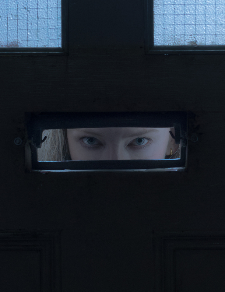 A blonde woman's blue eyes can be seen through a slot in an otherwise black surface with two windows visible at the top of the frame