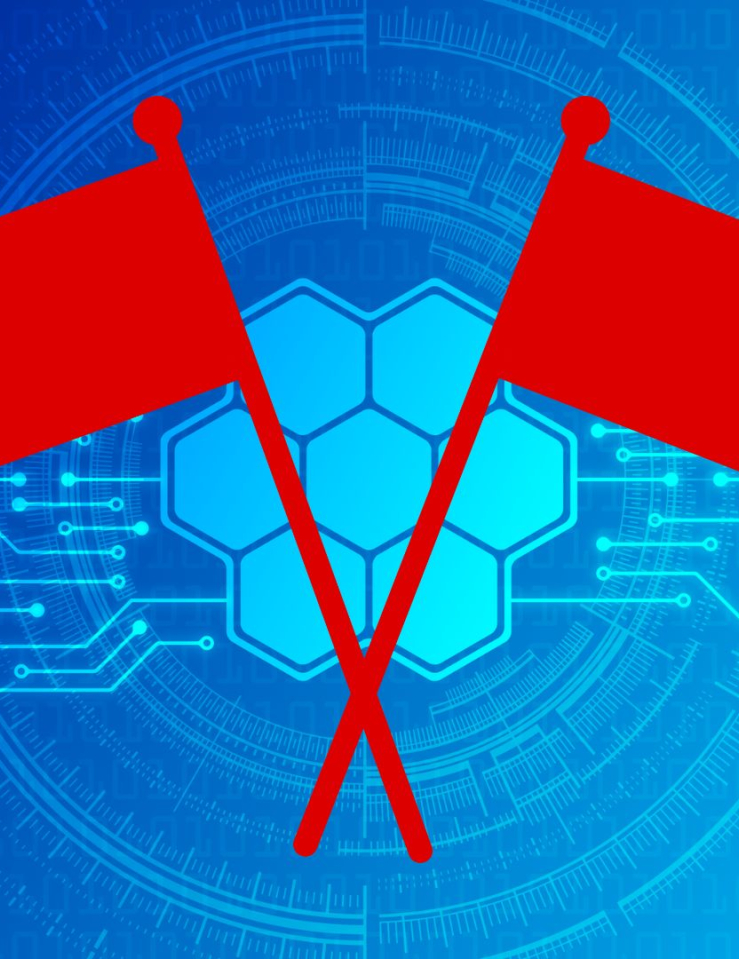 Two red flags against a blue backdrop with electronic-esque graphics
