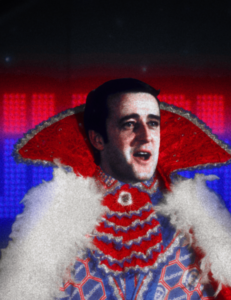 A man's face (Brian Mulroney) is inserted over a red cape with blue frills and white feathers, placed over a black background which displays the word MULRONEY, the bottom two-thirds of the text colored blue and the top two-thirds colored pink