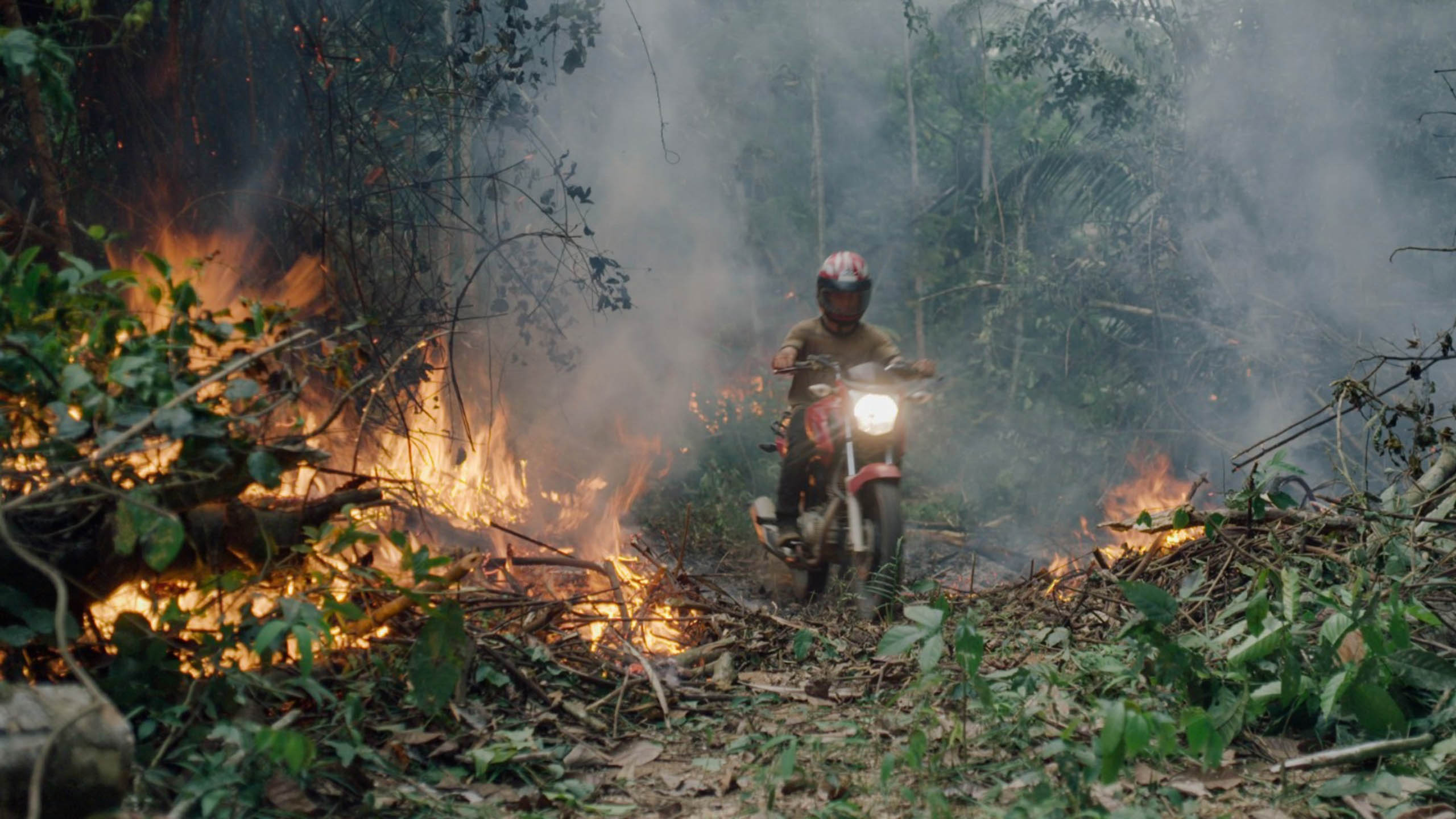 A motorcyclist drives through a forest that is hazy with smoke and fire. Photo courtesy of National Geographic.